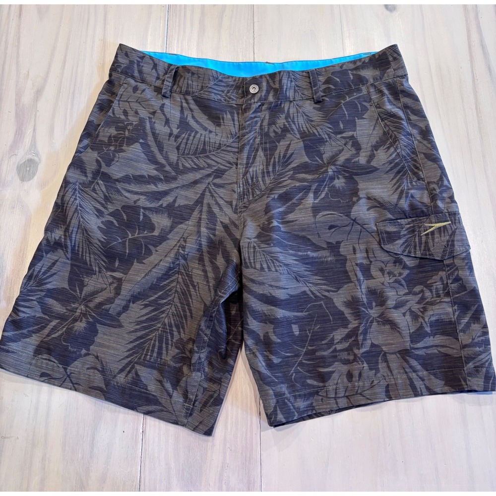 Speedo Mens 36 Gray Tropical Floral Palm Print Cargo Board Shorts Swim Trunks